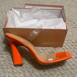 Orange Patent Clear Strap High Heel Mules